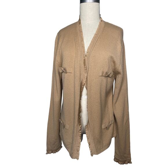 Neiman Marcus Cashmere Camel Tan Silk Ruffle Bows Open Cardigan Sweater